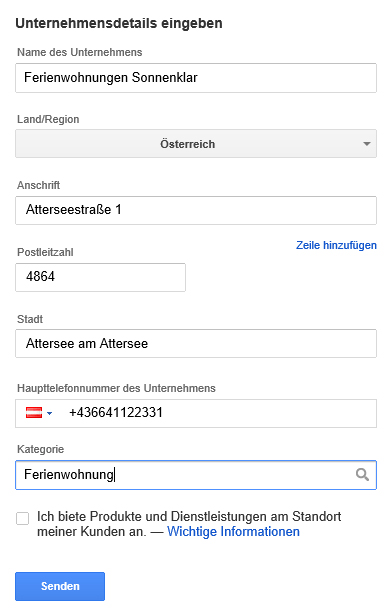 GooglemyBusiness: Unternehmen eintragen Formular